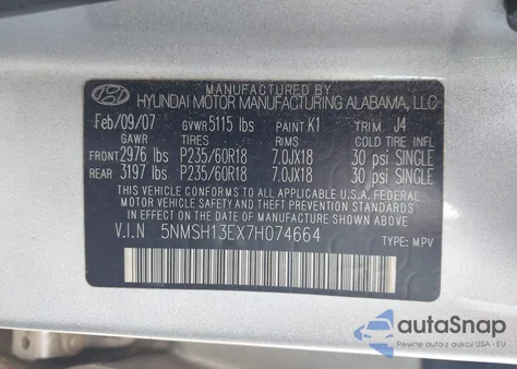 2007 Hyundai Santa Fe Limited/Se из США, поврежденный, VIN 5NMSH13EX7H074664